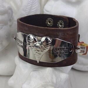 Leather Cuff Bracelet W/Crafted Hammered Silver Heart "Unite  We Stand"